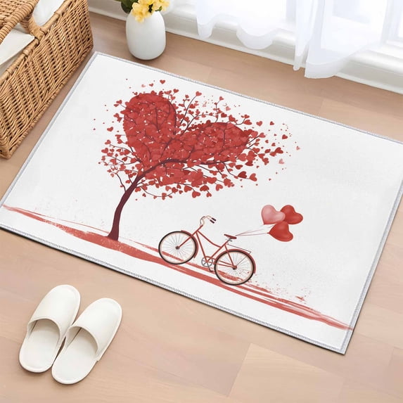 Entryway Rug 2'x3', Valentine's Day Small Rug for Kitchen Bathroom Door Mat Indoor Entrance, Red Love Tree Balloon Bike Romance Non-Slip Area Rugs Floor Mats Carpet Front Door Rugs