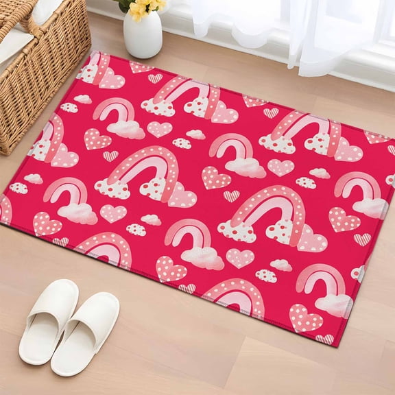 Entryway Rug 2'x3', Valentine's Day Small Rug for Kitchen Bathroom Door Mat Indoor Entrance, Red Rainbow Love Heart Polka Dots Spring Non-Slip Area Rugs Floor Mats Carpet Front Door Rugs