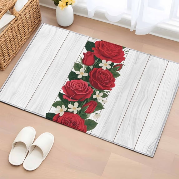 Entryway Rug 2'x3', Valentine's Day Small Rug for Kitchen Bathroom Door Mat Indoor Entrance, Red Roses Floral Farmhouse White Wood Stripes Non-Slip Area Rugs Floor Mats Carpet Front Door Rugs