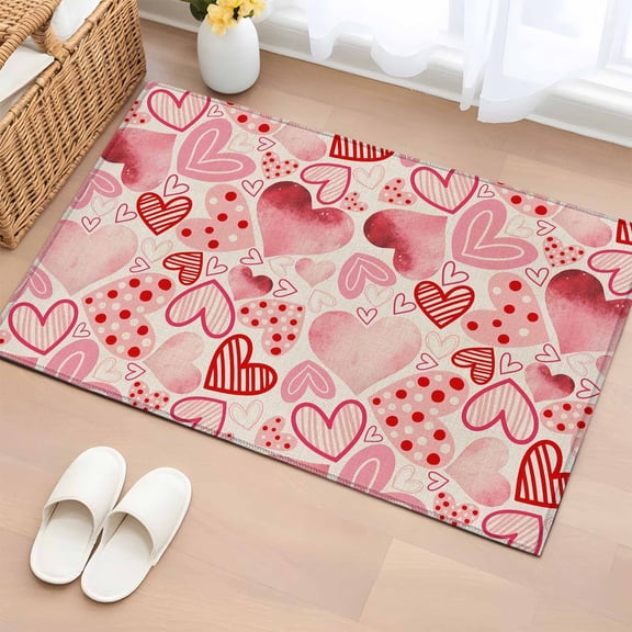 Entryway Rug 2'x3', Valentine's Day Small Rug for Kitchen Bathroom Door Mat Indoor Entrance, Romantic Light Pink Loves Polka Dot Non-Slip Area Rugs Floor Mats Carpet Front Door Rugs