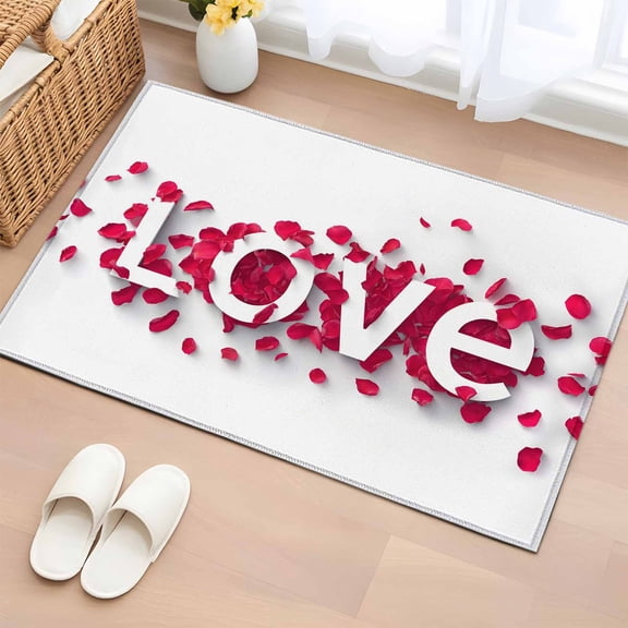Entryway Rug 2'x3', Valentine's Day Small Rug for Kitchen Bathroom Door Mat Indoor Entrance, Romantic Love Red Rose Petals Non-Slip Area Rugs Floor Mats Carpet Front Door Rugs