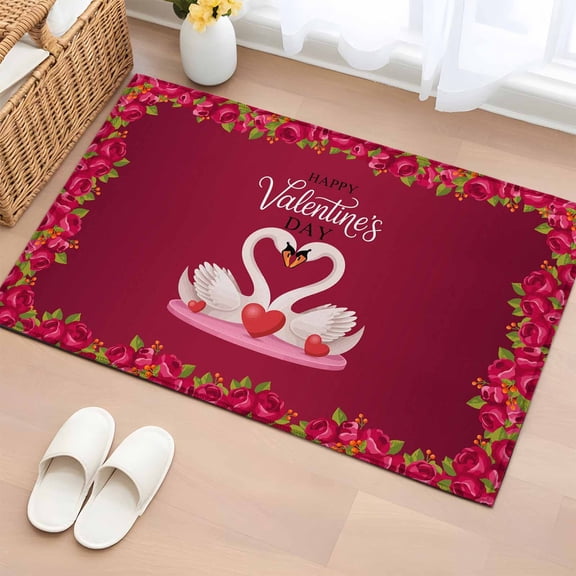 Entryway Rug 2'x3', Valentine's Day Small Rug for Kitchen Bathroom Door Mat Indoor Entrance, Romantic Swan Love Heart Rose Flowers Non-Slip Area Rugs Floor Mats Carpet Front Door Rugs