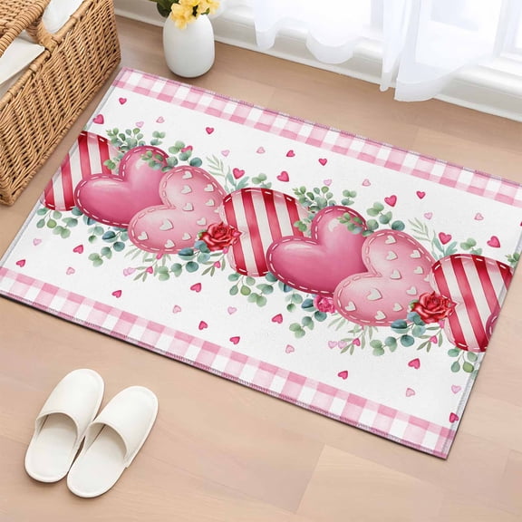 Entryway Rug 2'x3', Valentines Day Small Rug for Kitchen Bathroom Door Mat Indoor Entrance, Modern Love Heart Eucalyptus Leaf Pink Plaid Non-Slip Area Rugs Floor Mats Carpet Front Door Rugs