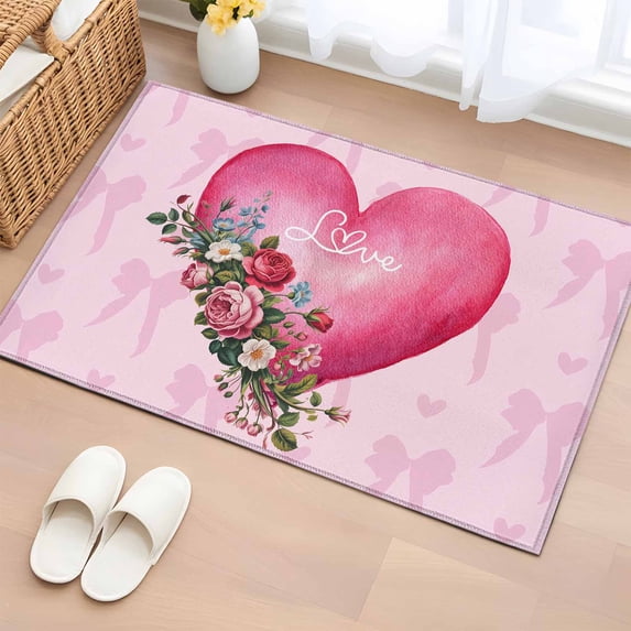 Entryway Rug 2'x3', Valentines Day Small Rug for Kitchen Bathroom Door Mat Indoor Entrance, Pink Love Hearts Roses Floral Romantic Non-Slip Area Rugs Floor Mats Carpet Front Door Rugs