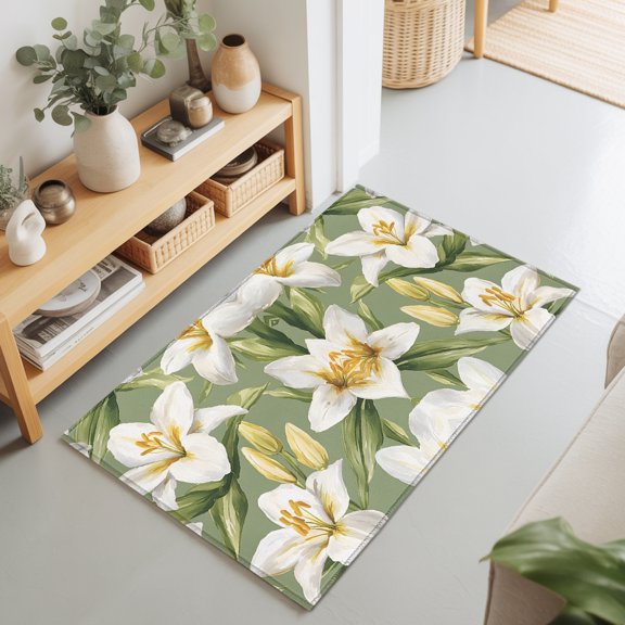 Entryway Rug 2'x3', Verdant Flower Patterns Kitchen Runner Rugs Non-Slip Carpet Mats, Green White Spring Floral Bedside Rugs Runners Washable Floor Carpet for Bathroom Laundry Room