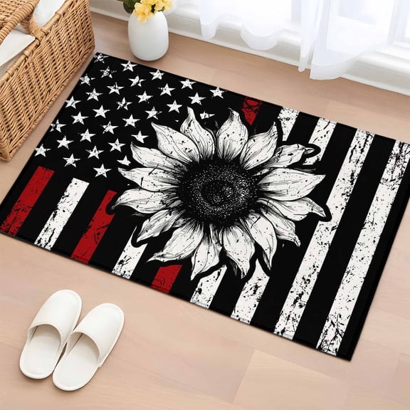 Entryway Rug 2'x3', Vintage American Flag Small Rug for Kitchen Bathroom Door Mat Indoor Entrance, Black Red Striped Sunflower Non-Slip Area Rugs Floor Mats Carpet Front Door Rugs