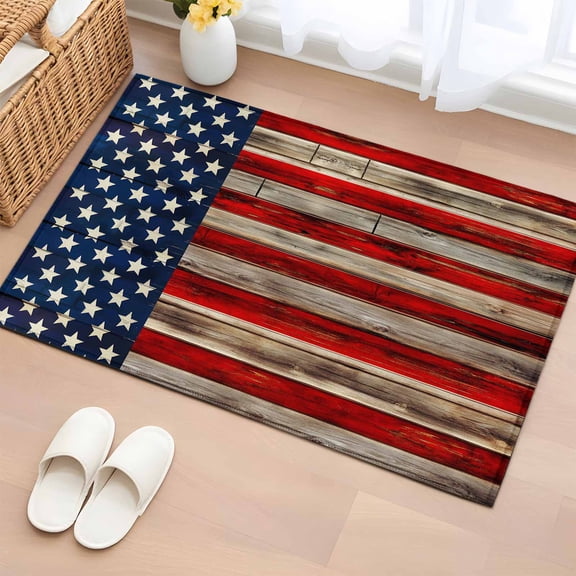 Entryway Rug 2'x3', Vintage American Flag Small Rug for Kitchen Bathroom Door Mat Indoor Entrance, Retro USA Flag Wooden Non-Slip Area Rugs Floor Mats Carpet Front Door Rugs