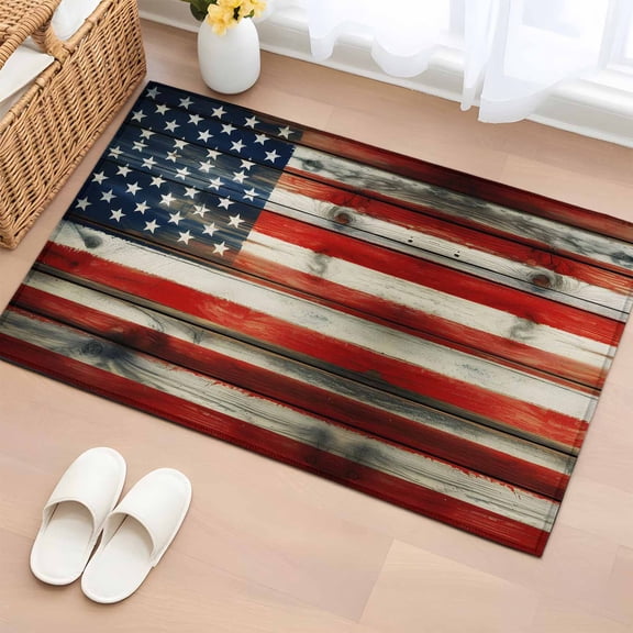 Entryway Rug 2'x3', Vintage American Flag Small Rug for Kitchen Bathroom Door Mat Indoor Entrance, Retro USA Flags Wooden Non-Slip Area Rugs Floor Mats Carpet Front Door Rugs