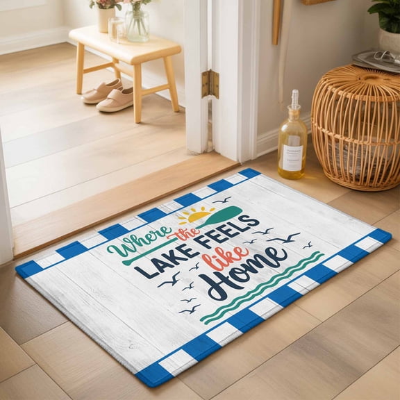 Entryway Rug 2'x3', Vintage Art Kitchen Runner Rugs Non-Slip Carpet Mats, Funny Words Blue Striped Wooden Retro Art Bedside Rugs Runners Washable Floor Carpet for Bathroom Laundry Room