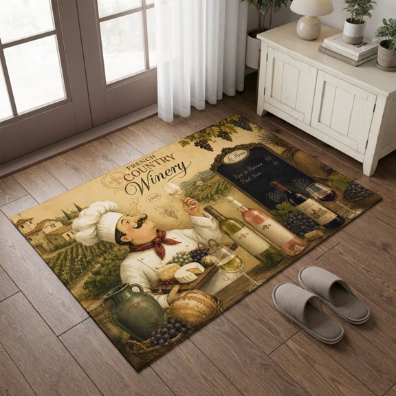 Entryway Rug 2'x3', Vintage Chef Kitchen Runner Rugs Non-Slip Carpet Mats, Wine Bottles Grapes Farmhouse Bedside Rugs Runners Washable Floor Carpet for Bathroom Laundry Room