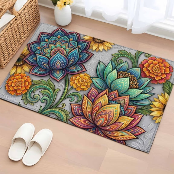 Entryway Rug 2'x3', Vintage Floral Boho Small Rug for Kitchen Bathroom Door Mat Indoor Entrance, Abstract Art Modern Flowers Non-Slip Area Rugs Floor Mats Carpet Front Door Rugs