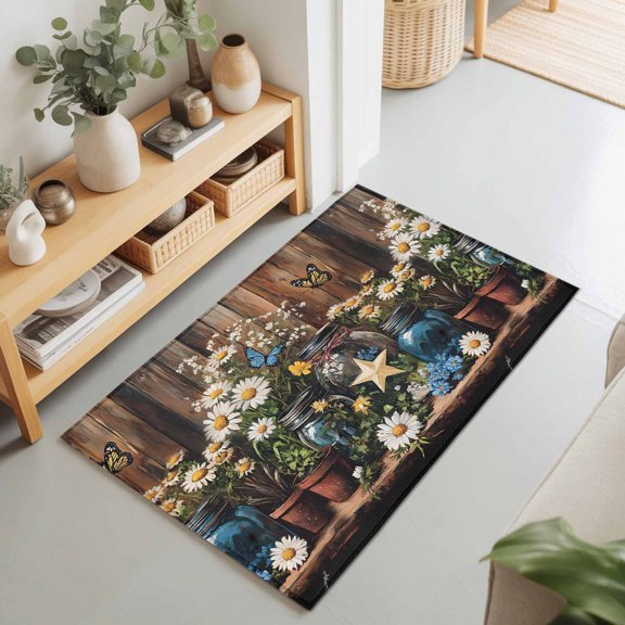 Entryway Rug 2'x3', Vintage Flower Kitchen Runner Rugs Non-Slip Carpet Mats, Country Barn Star Daisies Butterfly Wood Bedside Rugs Runners Washable Floor Carpet for Bathroom Laundry Room
