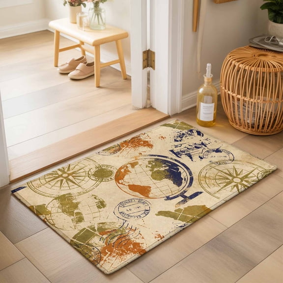 Entryway Rug 2'x3', Vintage Globe Kitchen Runner Rugs Non-Slip Carpet Mats, Abstract Travel Adventure Compass Bedside Rugs Runners Washable Floor Carpet for Bathroom Laundry Room