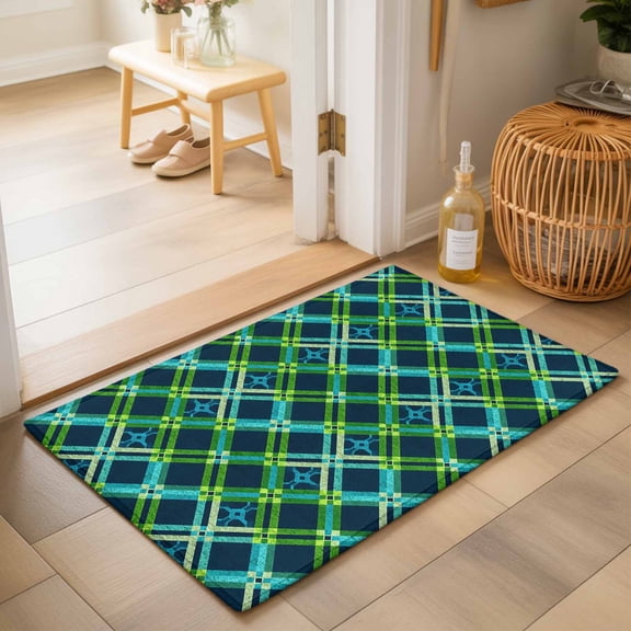 Entryway Rug 2'x3', Vintage Green Kitchen Runner Rugs Non-Slip Carpet Mats, Geometric Tartan Plaid Ethnic Farmhouse Bedside Rugs Runners Washable Floor Carpet for Bathroom Laundry Room