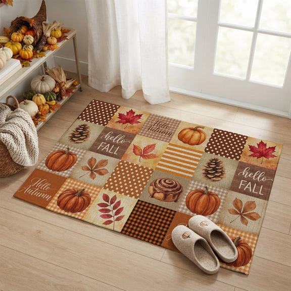 Entryway Rug 2'x3', Vintage Hello Autumn Small Rug for Kitchen Bathroom Door Mat Indoor Entrance, Thanksgiving Fall Checked Pumpkins Non-Slip Area Rugs Floor Mats Carpet Front Door Rugs