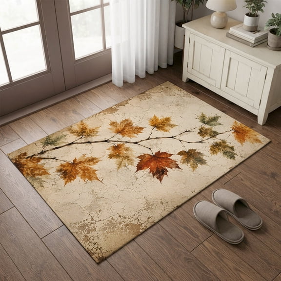 Entryway Rug 2'x3', Vintage Maple Leaves Fall Kitchen Runner Rugs Non-Slip Carpet Mats, Thanksgiving Farm Botanical Bedside Rugs Runners Washable Floor Carpet for Bathroom Laundry Room
