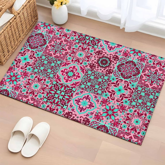 Entryway Rug 2'x3', Vintage Middle Century Small Rug for Kitchen Bathroom Door Mat Indoor Entrance, Abstract Bohemia Style Aztec Pink Non-Slip Area Rugs Floor Mats Carpet Front Door Rugs