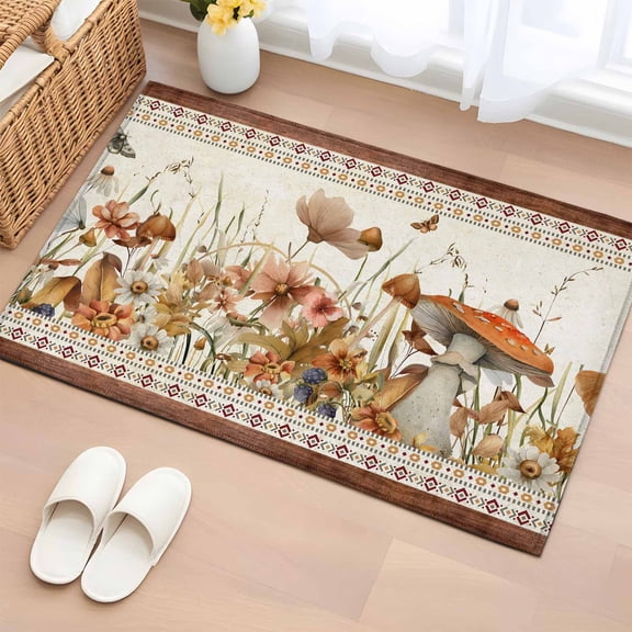 Entryway Rug 2'x3', Vintage Mushroom Small Rug for Kitchen Bathroom Door Mat Indoor Entrance, Spring Floral Retro Art Pastoral Botanical Non-Slip Area Rugs Floor Mats Carpet Front Door Rugs