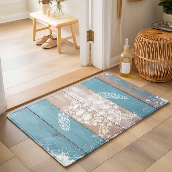 Entryway Rug 2'x3', Vintage Sea Turtle Kitchen Runner Rugs Non-Slip Carpet Mats, Retro Wood Nautical Summer Beach Bedside Rugs Runners Washable Floor Carpet for Bathroom Laundry Room