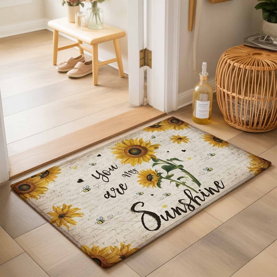 Entryway Rug 2'x3', Vintage Sunflowers Kitchen Runner Rugs Non-Slip Carpet Mats, Spring Summer Retro Bees Yellow Floral Bedside Rugs Runners Washable Floor Carpet for Bathroom Laundry Room