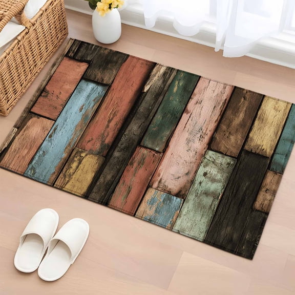 Entryway Rug 2'x3', Vintage Wood Grains Small Rug for Kitchen Bathroom Door Mat Indoor Entrance, Farmhouse Colorful Wooden Texture Non-Slip Area Rugs Floor Mats Carpet Front Door Rugs