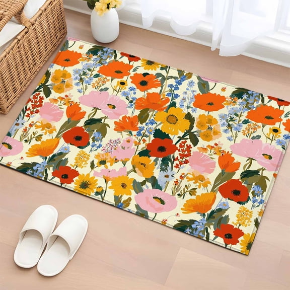 Entryway Rug 2'x3', Watercolor Floral Small Rug for Kitchen Bathroom Door Mat Indoor Entrance, Spring Poppy Daisy Flowers Botanical Beige Non-Slip Area Rugs Floor Mats Carpet Front Door Rugs