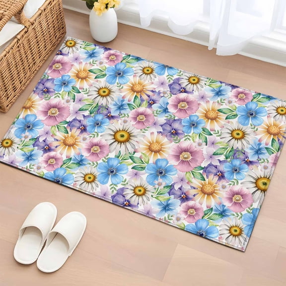Entryway Rug 2'x3', Watercolor Flowers Small Rug for Kitchen Bathroom Door Mat Indoor Entrance, Spring Floral Daisy Botanical Rustic Non-Slip Area Rugs Floor Mats Carpet Front Door Rugs