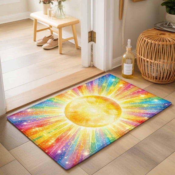 Entryway Rug 2'x3', Watercolor Sun Kitchen Runner Rugs Non-Slip Carpet Mats, Cartoon Summer Colorful Rainbows Bedside Rugs Runners Washable Floor Carpet for Bathroom Laundry Room