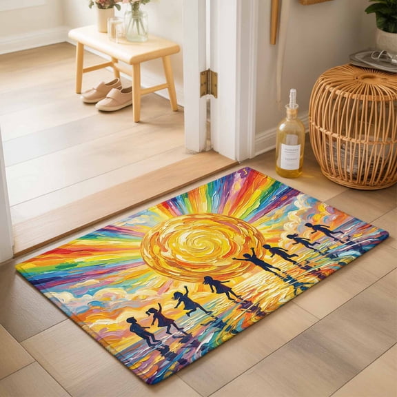 Entryway Rug 2'x3', Watercolor Sun Kitchen Runner Rugs Non-Slip Carpet Mats, Cartoon Summer Colorful Rainbows Waves Bedside Rugs Runners Washable Floor Carpet for Bathroom Laundry Room