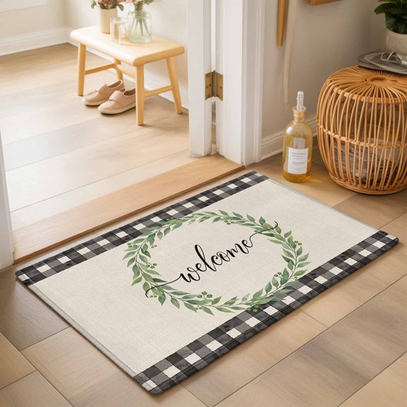 Entryway Rug 2'x3', Welcome Kitchen Runner Rugs Non-Slip Carpet Mats, Spring Summer Green Leaves Rings Vintage Checkered Bedside Rugs Runners Washable Floor Carpet for Bathroom Laundry Room