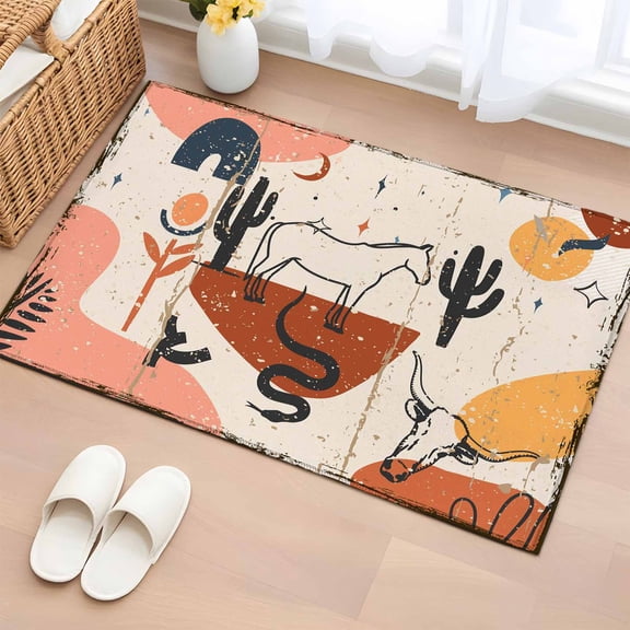 Entryway Rug 2'x3', Western Boho Small Rug for Kitchen Bathroom Door Mat Indoor Entrance, Vintage Abstract Horse Cactus Plant Offwhite Non-Slip Area Rugs Floor Mats Carpet Front Door Rugs