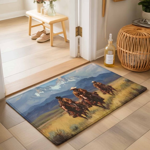 Entryway Rug 2'x3', Western Cowboy Kitchen Runner Rugs Non-Slip Carpet Mats, Mountain Sky Grass Nature Scenery Bedside Rugs Runners Washable Floor Carpet for Bathroom Laundry Room