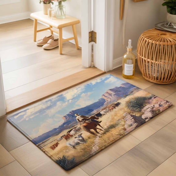 Entryway Rug 2'x3', Western Cowboys Kitchen Runner Rugs Non-Slip Carpet Mats, Farmhouse Cow Mountain Nature Scenery Bedside Rugs Runners Washable Floor Carpet for Bathroom Laundry Room