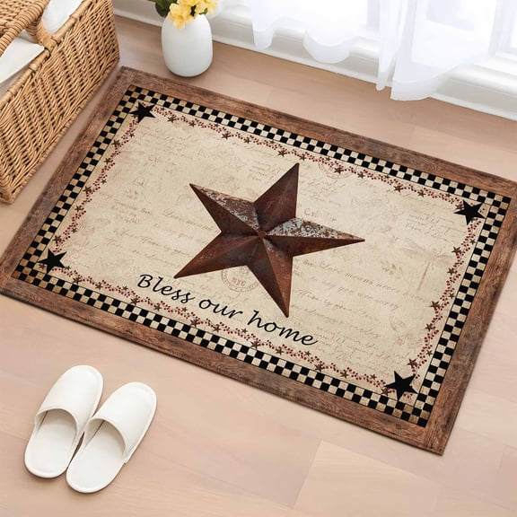 Entryway Rug 2'x3', Western Star Brown Small Rug for Kitchen Bathroom Door Mat Indoor Entrance, Texas Stars Retro Farmhouse Buffalo Plaid Non-Slip Area Rugs Floor Mats Carpet Front Door Rugs