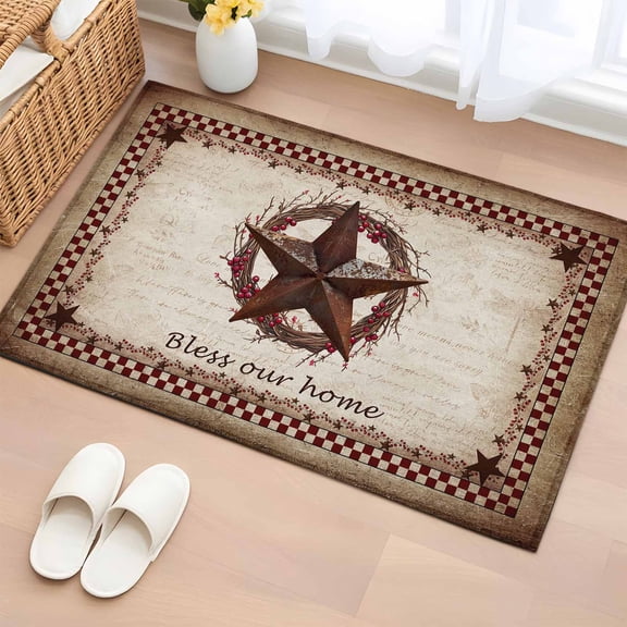 Entryway Rug 2'x3', Western Star Retro Small Rug for Kitchen Bathroom Door Mat Indoor Entrance, Country Texas Stars Res Buffalo Plaid Non-Slip Area Rugs Floor Mats Carpet Front Door Rugs