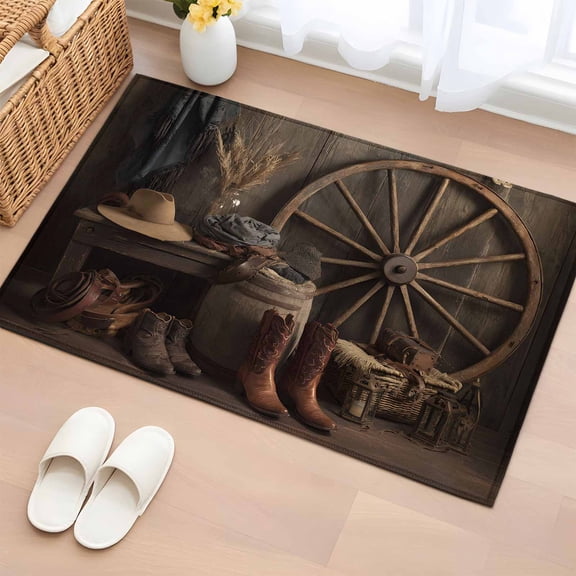 Entryway Rug 2'x3', Western Vintage Small Rug for Kitchen Bathroom Door Mat Indoor Entrance, Country Cowboy Boots Cow Skulls Retro Non-Slip Area Rugs Floor Mats Carpet Front Door Rugs