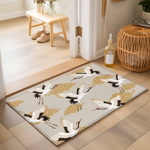 Entryway Rug 2'x3', White Crane Kitchen Runner Rugs Non-Slip Carpet Mats, Golden Chinese Auspicious Clouds Vintage Beige Bedside Rugs Runners Washable Floor Carpet for Bathroom Laundry Room
