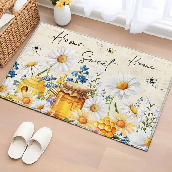 Entryway Rug 2'x3', White Daisy Small Rug for Kitchen Bathroom Door Mat Indoor Entrance, Spring Floral Elegant Pastoral Bees Watercolor Non-Slip Area Rugs Floor Mats Carpet Front Door Rugs