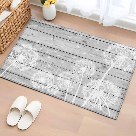 Entryway Rug 2'x3', White Dandelion Small Rug for Kitchen Bathroom Door Mat Indoor Entrance, Spring Flowers Plants Vintage Gray Wood Non-Slip Area Rugs Floor Mats Carpet Front Door Rugs