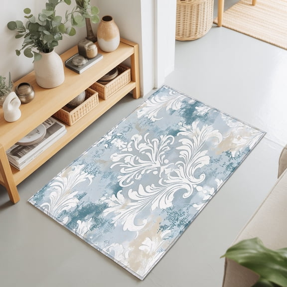 Entryway Rug 2'x3', White Floral Smear Kitchen Runner Rugs Non-Slip Carpet Mats, Teal Beige Flower Abstract Art Bedside Rugs Runners Washable Floor Carpet for Bathroom Laundry Room