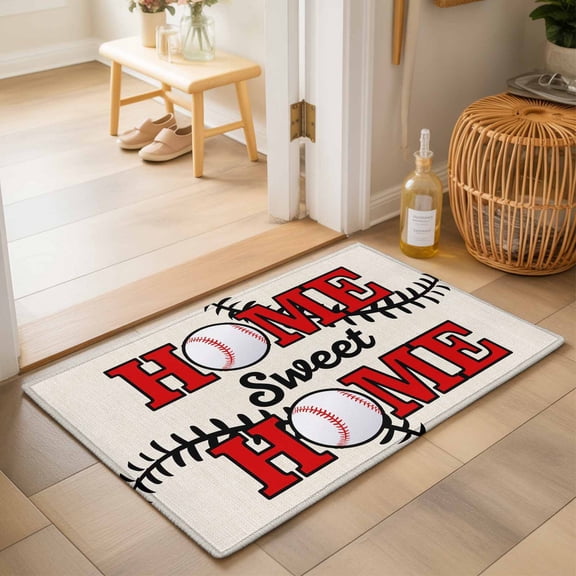 Entryway Rug 2'x3', White Red Baseball Kitchen Runner Rugs Non-Slip Carpet Mats, Modern Art Funny Words Bedside Rugs Runners Washable Floor Carpet for Bathroom Laundry Room