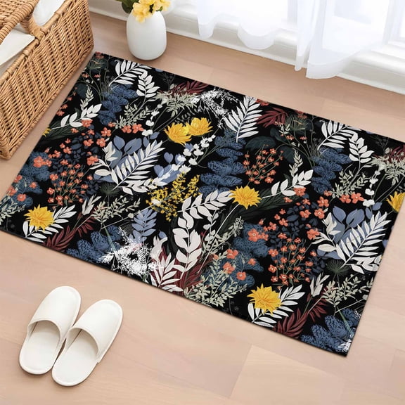 Entryway Rug 2'x3', Wildflowers Blossom Small Rug for Kitchen Bathroom Door Mat Indoor Entrance, Black Spring Garden Botanical Floral Non-Slip Area Rugs Floor Mats Carpet Front Door Rugs