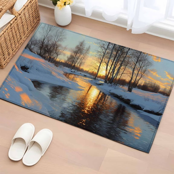 Entryway Rug 2'x3', Winter Sunset Small Rug for Kitchen Bathroom Door Mat Indoor Entrance, Nature Forest Snow Landscapes Non-Slip Area Rugs Floor Mats Carpet Front Door Rugs