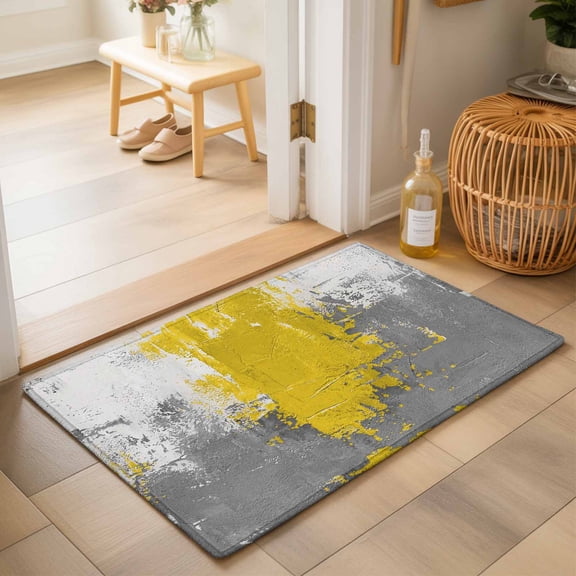 Entryway Rug 2'x3', Yellow Cement Gray Kitchen Runner Rugs Non-Slip Carpet Mats, Modern Abstract Art Yellow Bedside Rugs Runners Washable Floor Carpet for Bathroom Laundry Room