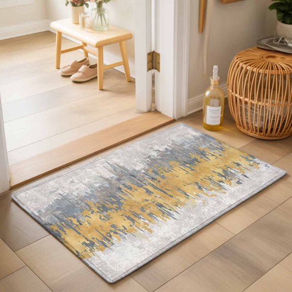 Entryway Rug 2'x3', Yellow Grey Abstract Kitchen Runner Rugs Non-Slip Carpet Mats, Gradient Geometric Graffiti Modern Art Bedside Rugs Runners Washable Floor Carpet for Bathroom Laundry Room