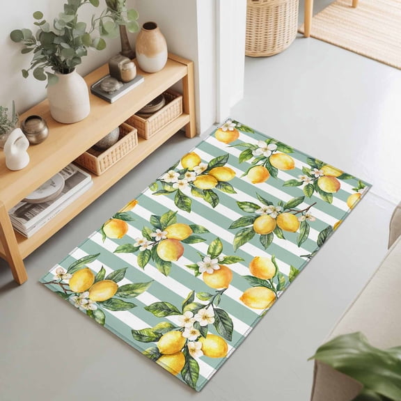Entryway Rug 2'x3', Yellow Lemon Kitchen Runner Rugs Non-Slip Carpet Mats, Spring Botanical Floral Leaves Aqua Stripes Bedside Rugs Runners Washable Floor Carpet for Bathroom Laundry Room