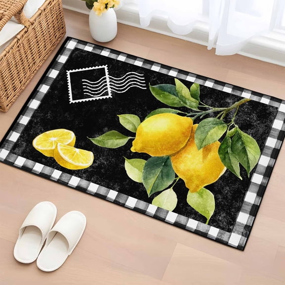 Entryway Rug 2'x3', Yellow Lemon Small Rug for Kitchen Bathroom Door Mat Indoor Entrance, Summer Botanical Black White Checkered Non-Slip Area Rugs Floor Mats Carpet Front Door Rugs