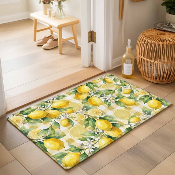 Entryway Rug 2'x3', Yellow Lemons Kitchen Runner Rugs Non-Slip Carpet Mats, Summer Botanical Checkered Pastoral Bedside Rugs Runners Washable Floor Carpet for Bathroom Laundry Room