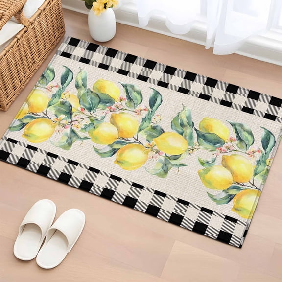 Entryway Rug 2'x3', Yellow Lemons Small Rug for Kitchen Bathroom Door Mat Indoor Entrance, Summer Botanical Black White Plaid Rustic Non-Slip Area Rugs Floor Mats Carpet Front Door Rugs