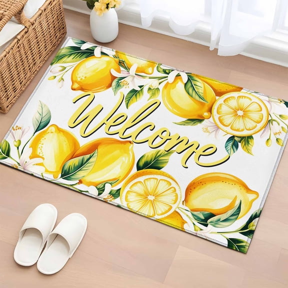 Entryway Rug 2'x3', Yellow Lemons Small Rug for Kitchen Bathroom Door Mat Indoor Entrance, Summer Fruits Leaves Pastoral Botanical Non-Slip Area Rugs Floor Mats Carpet Front Door Rugs